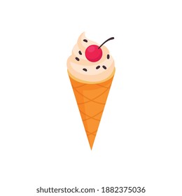 Isometric ice cream composition with cone wafer and caramel cream with cherry on top vector illustration