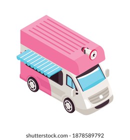 Composición isométrica de helados con imagen de furgoneta aislada con ilustración vectorial contra y cobertizo