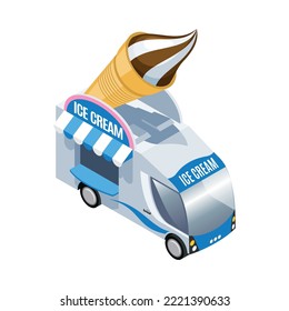 Isometric ice cream food truck on white background 3d vector illustration