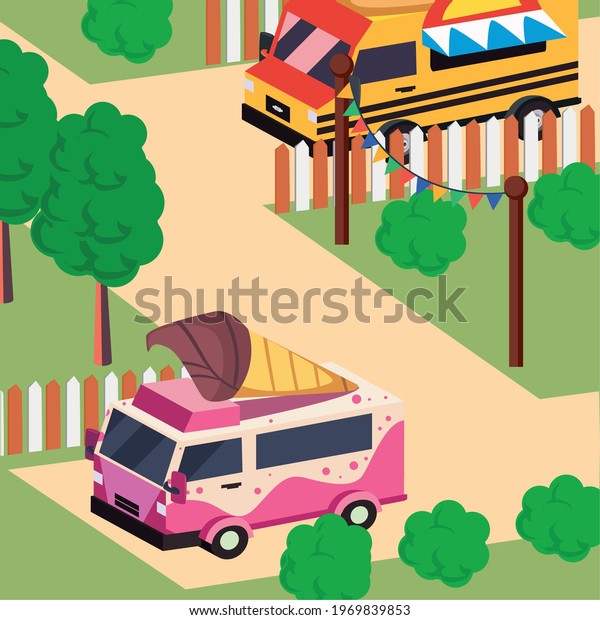 Isometric ice cream food\
truck vehicle