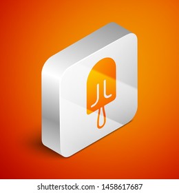 Isometric Ice cream icon isolated on orange background. Sweet symbol. Silver square button. Vector Illustration