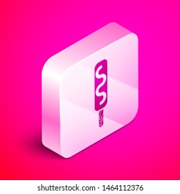 Isometric Ice cream icon isolated on pink background. Sweet symbol. Silver square button. Vector Illustration