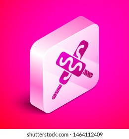 Isometric Ice cream icon isolated on pink background. Sweet symbol. Silver square button. Vector Illustration