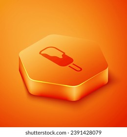 Isometric Ice cream icon isolated on orange background. Sweet symbol. Orange hexagon button. Vector