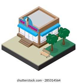 Isometric ice cream shop with bench and trees. Vector illustration for design of various applications.