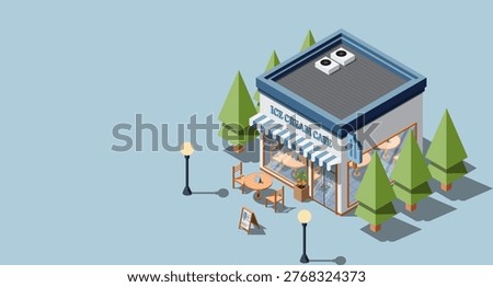 Isometric ice cream shop. Ice cream cafe. Isometric vector cafe building. Isometric exterior of ice cream shop. Isometric commercial restaurant building