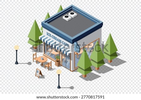 Isometric ice cream shop. Ice cream cafe. Isometric vector cafe building. Isometric exterior of ice cream shop. Isometric commercial restaurant building