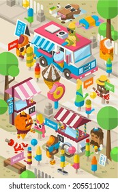 Isometric ice cream street, colorful vector background