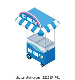 Isometric Ice Cream Summer Street Cart On White Background 3d Vector Illustration