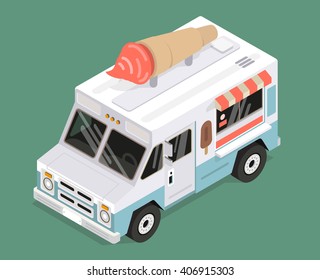 Isometric ice cream van vector illustration in flat style and colors