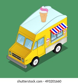 Isometric ice cream van vector illustration in flat style