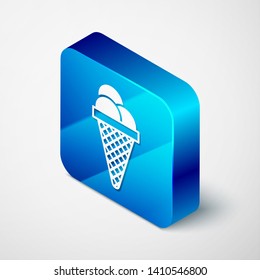 Isometric Ice cream in waffle cone icon isolated on white background. Sweet symbol. Blue square button. Vector Illustration