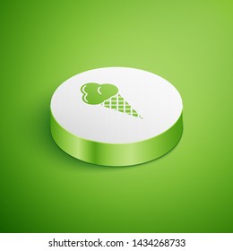 Isometric Ice cream in waffle cone icon isolated on green background. Sweet symbol. White circle button. Vector Illustration 