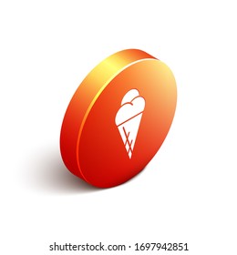 Isometric Ice cream in waffle cone icon isolated on white background. Sweet symbol. Orange circle button. Vector Illustration