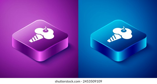 Isometric Ice cream in waffle cone icon isolated on blue and purple background. Sweet symbol. Square button. Vector