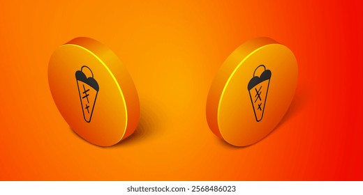 Isometric Ice cream in waffle cone icon isolated on orange background. Sweet symbol. Orange circle button. Vector