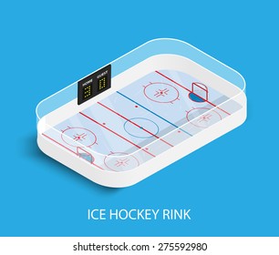 Isometric ice hockey rink, vector illustration. 3D hockey arena