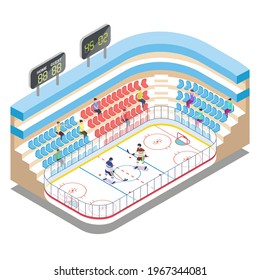 Isometric ice hockey stadium, players and fans, flat vector illustration. Ice hockey arena, rink, sport field with tribune, scoreboard.