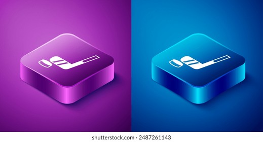 Isometric Ice hockey stick and puck icon isolated on blue and purple background. Square button. Vector