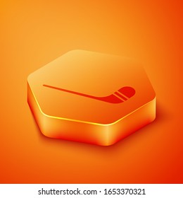 Isometric Ice hockey sticks icon isolated on orange background. Orange hexagon button. Vector Illustration