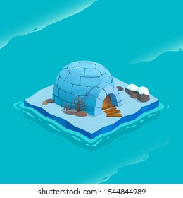 Isometric ice island with igloo. Vector cartoon illustration for computer games.