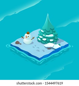 Isometric Ice Island With Sea Pattern. Vector Cartoon Illustration For Computer Games.