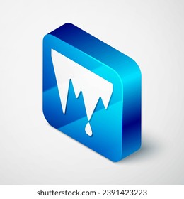 Isometric Icicle icon isolated on grey background. Stalactite, ice spikes. Winter weather, snow crystals. Blue square button. Vector Illustration