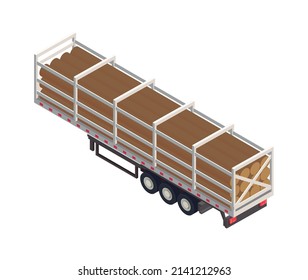 Isometric icon of 3d cargo semitrailer carrying timber vector illustration