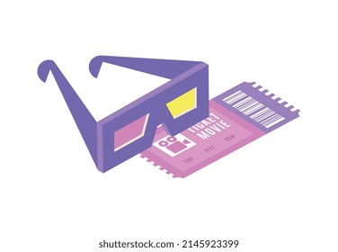 Isometric icon with 3d glasses and cinema ticket vector illustration