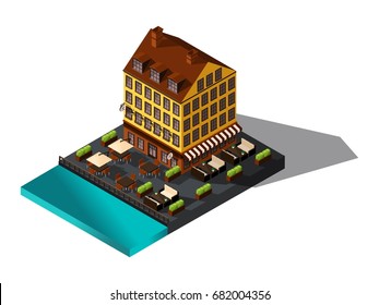 Isometric icon, 3d house by the sea, restaurant, Denmark, Paris, the historic center of the city, the old building of the hotel