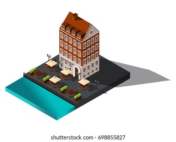 Isometric icon, 3d old house by the sea, hotel, restaurant, Denmark, Copenhagen, Paris, historical city center, old building for vector illustrations.