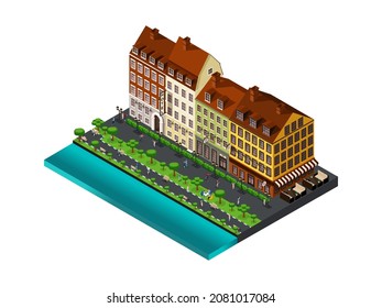 Isometric icon, 3d street of the old town by the sea, hotel, restaurant, passers by, people, park in the city center. Denmark, Copenhagen, Paris, old buildings.