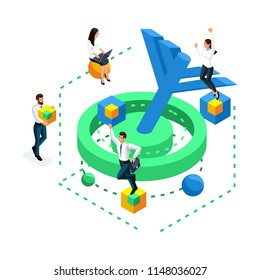 Isometric icon achieving the goal, concept of solving the problem in the brain, mini people are jumping and rejoicing at the achievement of the goal.