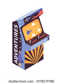 Isometric icon with adventure shooting game on screen of retro arcade machine vector illustration