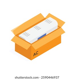 An isometric icon of an air conditioner unit inside an open cardboard box