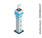 Isometric icon with air traffic control tower in airport 3d vector illustration
