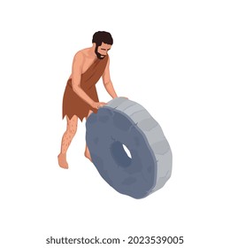 Isometric icon with ancient primitive man trundling stone wheel 3d vector illustration
