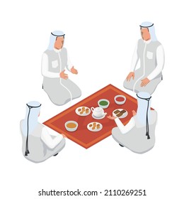 Isometric Icon With Arab Men Drinking Tea And Communicating 3d Vector Illustration