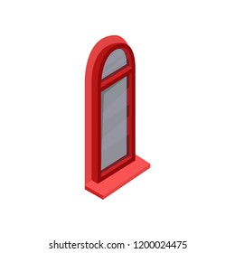 Isometric icon of arched window with bright red frame and gray glass. Vector element for mobile game or app