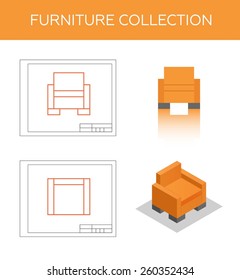 Isometric icon of an armchair, vector. Two blueprints with front view and top view. Flat pictogram of a modern chair. 