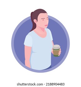 Isometric icon avatar with woman holding paper cup of coffee 3d vector illustration