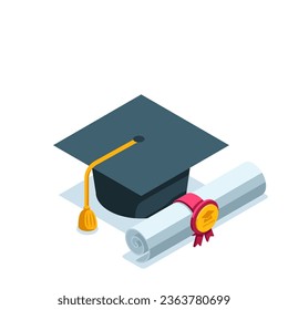 isometric icon of bachelor's cap and diploma with percentages in color on a white background, getting a scientific degree or studying in higher education