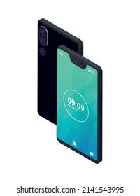Isometric icon with back and front view of modern smartphone 3d vector illustration
