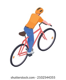 Isometric icon with back view of cyclist wearing helmet 3d vector illustration