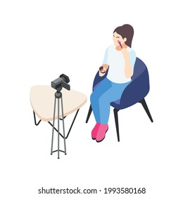 Isometric icon with beauty blogger doing makeup in front of camera 3d vector illustration