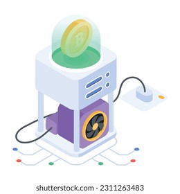 Isometric icon of bitcoin faucet 