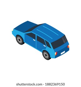 Icono isométrico de la ilustración vectorial 3d del vehículo de cuatro puertas azul