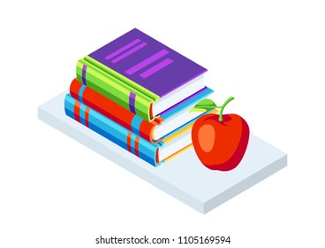 Isometric icon books with apple. Education or bookstore illustration in flat design style.