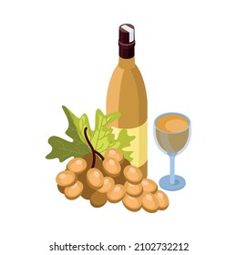 Isometric icon with bottle and glass of white wine and grapes 3d vector illustration
