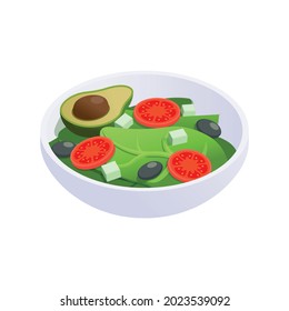 Isometric icon with bowl of healthy green salad with avocado and cheese 3d vector illustration